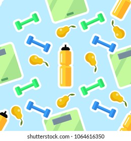 Sport icon seamless vector pattern. Flat seamless vector pattern with sport items. Seamless pattern with sport shoes, weights and heart in flat style illustration.