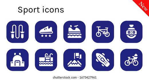 sport icon set. 10 filled sport icons. Included Jumping rope, Sport shoe, Jet ski, Bicycle, Stopclock, Backpack, Swimming pool, Achievement, Skateboard icons