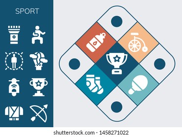 sport icon set. 13 filled sport icons.  Collection Of - Trophy, Ninja, Archery, Scooter, Target, Hot air balloon, Torch, Martial arts, Bike, Bottle, Socks, Table tennis