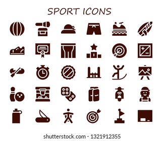 sport icon set. 30 filled sport icons.  Simple modern icons about  - Volleyball, Powder, Pamela, Swimsuit, Jet ski, Surfboard, Sneakers, Merit, Pants, Podium, Target, Exposure