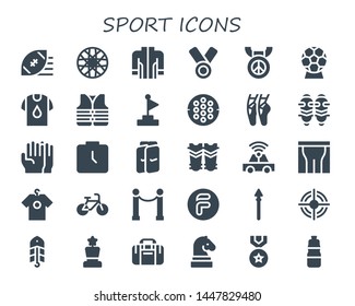 sport icon set. 30 filled sport icons.  Simple modern icons about  - Rugby ball, Spoke wheel, Jacket, Medal, Award, Shirt, Lifejacket, Goal, Hockey, Ballet, Shin guards, Gloves