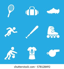 Sport icon. Set of 9 Sport filled icons such as tennis rocket, sport bag, skate rollers, whistle, football uniform, soccer trainers, running, basketball player