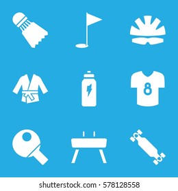 Sport icon. Set of 9 Sport filled icons such as gold flag, energetic drink, gymnastic apparatus, kimono, helmet, skate board, football t shirt, Shuttlecock
