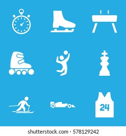 Sport icon. Set of 9 Sport filled icons such as skiing, volleyball player, gymnastic apparatus, stopwatch, skate rollers, chess king