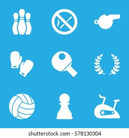 Sport icon. Set of 9 Sport filled icons such as no smoking, exercise bike, olive branch, whistle, chess pawn, boxing gloves, volleyball, table tennis