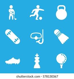 Sport icon. Set of 9 Sport filled icons such as golf player, kettle, golf ball, skate board, soccer trainers, snorkel, football player, chess king