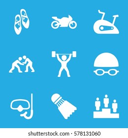Sport icon. Set of 9 Sport filled icons such as ranking, exercise bike, swimming hat and glasses, ballet shoes, motorbike, snorkel, judo, power lifter
