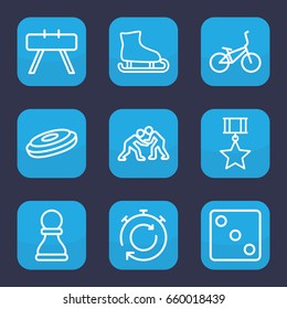 Sport icon. set of 9 outline sport icons such as dice, stopwatch, judo, chess pawn, bicycle, medal with star, fintess equipment, ice skating