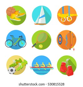 Sport icon set. Basketball, gymnastics, cycling, surfing, tennis, archery, football, rowing, boxing inventory, wear, athlete flat vector illustration isolated on white. For game, store app, web design