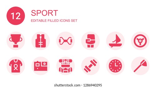 sport icon set. Collection of 12 filled sport icons included Trophy, Lifejacket, Chest expander, Boxing, Windsurf, Shirt, Gopro, Backpack, Gym, Wall clock, Racing, Net