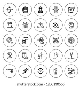 Sport icon set. collection of 25 outline sport icons with archery, caddy, car, chess piece, cap, cyclist, football ball, gloves, golfer, jumping rope icons. editable icons.