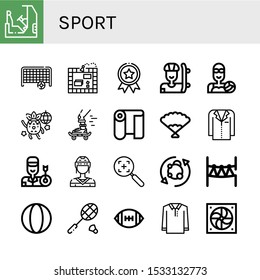 sport icon set. Collection of Racing, Goal, Board game, Medal, Skater, Water polo, Dancing, Skateboard, Fabric, Fan, Jacket, Archer, Hockey player, Target, Metabolism, Rope park icons