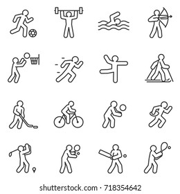 Sport, icon set. Different kinds of sports. linear design. lines with editable stroke