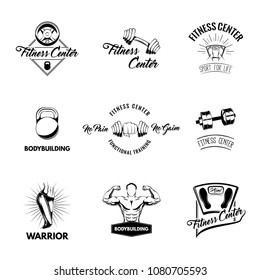 Sport icon set. Fitness equipent. Bodybuilding, Training. Floor scale, Barbell disk, Dumbbell. Design elements. Vector illustration