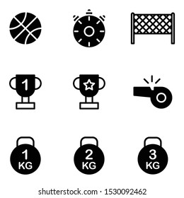 Sport icon set glyph style including ball, basketball, game, sport, timer, watch, speed, equipment, tennis, field, award, champion, trophy, coach, referee, whistle, bodybuilding, fitness, gym