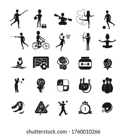 Sport icon set golf ball, billiards, bowling, checkers, protein can, soccer goal, silhouette of athletes