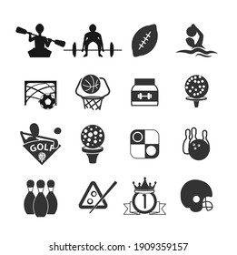 Sport icon set golf ball, billiards, bowling, checkers, protein can, soccer goal, silhouette of athletes