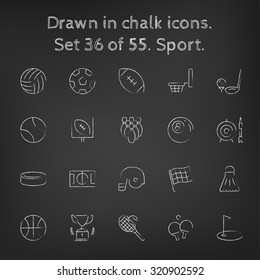 Sport icon set hand drawn in chalk on a blackboard vector white icons on a black background.