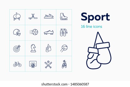 Sport icon set. Set of line icons on white background. Sport concept. T-shirt, rugby, bicycle. Vector illustration can be used for topics like hockey, football, sport