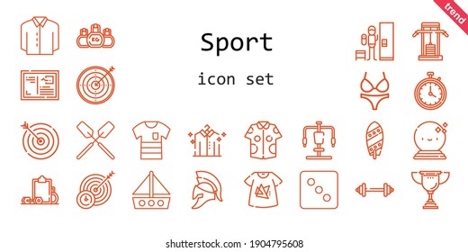 sport icon set. line icon style. sport related icons such as gym station, oar, kettlebell, surfboard, dice, barbell, boat, locker, target, ball, shirt, bikini, workout, tshirt, helmet, letter, trophy