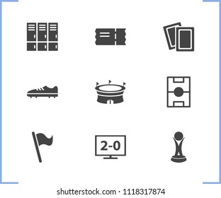 Sport icon set and lockers with card, flag and football shoes. Stadium related sport icon vector for web UI logo design.
