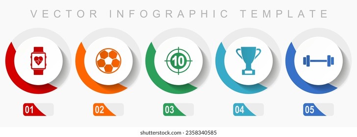 Sport icon set, miscellaneous icons such as smartwatch, football, darts, cup and fitness, flat design vector infographic template, web buttons in 5 color options
