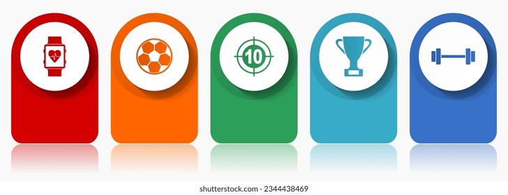 Juego de iconos deportivos, iconos vectoriales diversos como reloj inteligente, fútbol, dardos, taza y fitness, plantilla de infografía de diseño moderno, botones web en 5 opciones de color
