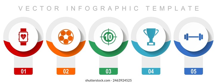 Sport icon set, miscellaneous vector icons such as smartwatch, football, darts, cup and fitness, modern design infographic template, web buttons in 5 color options