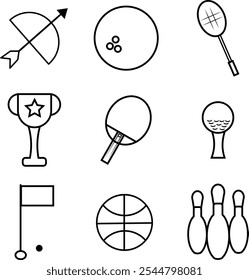 sport icon set outline. Archery,  bowling, racket, golf, etc.