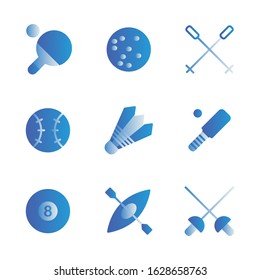 Sport icon set outline style including ping pong, ski, baseball, badminton, cricket, billiard, kayak