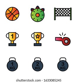 Sport icon set outline style including basketball, timer, trophy, whistle, bodybuilding