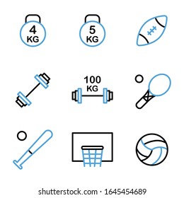 Sport icon set outline style including barbell, racket,baseball, basketball, volleyball