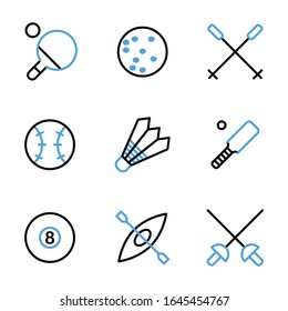 Sport icon set outline style including ping pong, ski, baseball, badminton, cricket, billiard, kayak