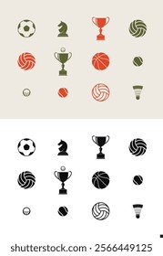 Sport icon set. Sports equipment vector. Volleyball basketball football golf and tennis ball with trophy and shuttlecock