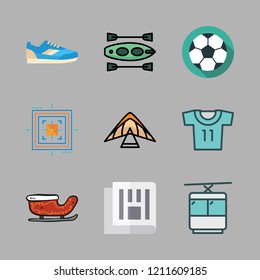 sport icon set. vector set about cable car cabin, newspaper, canoe and aim icons set.