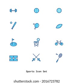 Sport icon set. Vector illustration. dumbbell, basketball, basket, tennis, golf , football, racket, bicycle, sword