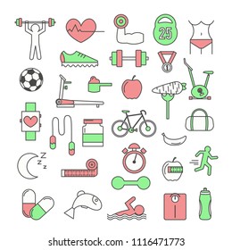 Sport icon set. Vector thin line art flat style design elements isolated on white background.