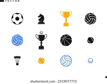 Sport icon set. Volleyball basketball football golf and tennis ball with trophy. Sports equipment vector. Vintage style sign