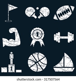 Sport icon set, white scratched images on black background