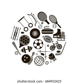 Sport Icon Signs and Symbols Black Round Design Template Set for Web or App Mobile. Vector illustration