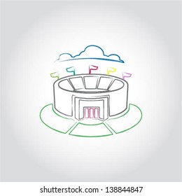 Sport icon, Stadium sign, green grass and blue cloud on top of sport building, vector illustration