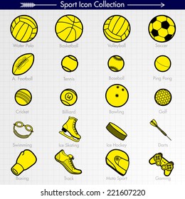 Sport Icons. 1 Color Filling. Water Polo, Basketball, Volleyball, Soccer, American Football, Tennis, Baseball, Ping Pong, Cricket, Billiard, Bowling, Golf, Swimming, Running, Moto Sport, Gaming