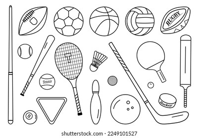 Sport icons balls and equipment. Vector collection in monochrom line style