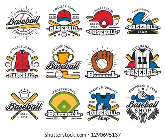 Sport icons, baseball game, sporting items. Vector bat and ball, helmet and uniform, trophy cup, glove and stadium or play field. Equipment and players gear, tournament or championship, competition