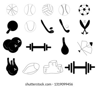 sport icons, black and white, objects or set cartoon vector and illustration, hand drawn style, isolated on white background. 