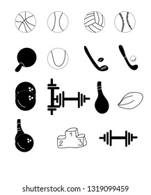 sport icons, black and white, objects or set cartoon vector and illustration, hand drawn style, isolated on white background. 