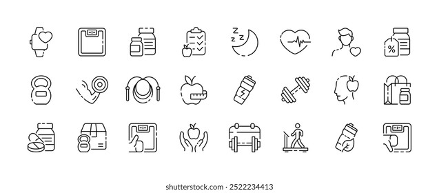 Colección de iconos deportivos. Diseño de gimnasio. Iconos de salud. Estilo lineal. Iconos del vector