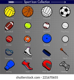 Sport Icons. Colored Pictograms. Water Polo, Basketball, Volleyball, Soccer, American Football, Tennis, Baseball, Ping Pong, Cricket, Billiard, Bowling, Golf, Swimming, Running, Moto Sport, Gaming