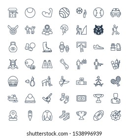 sport icons. Editable 49 sport icons. Included icons such as Target, American football, Trophy, Women Socks, Nylon Jacket, Snowshoes, Tracking, Referee. sport trendy icons for web.