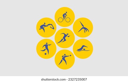 Sport icons, flat illustration minimal style vector. Running, cycling, football and swimming activities. 